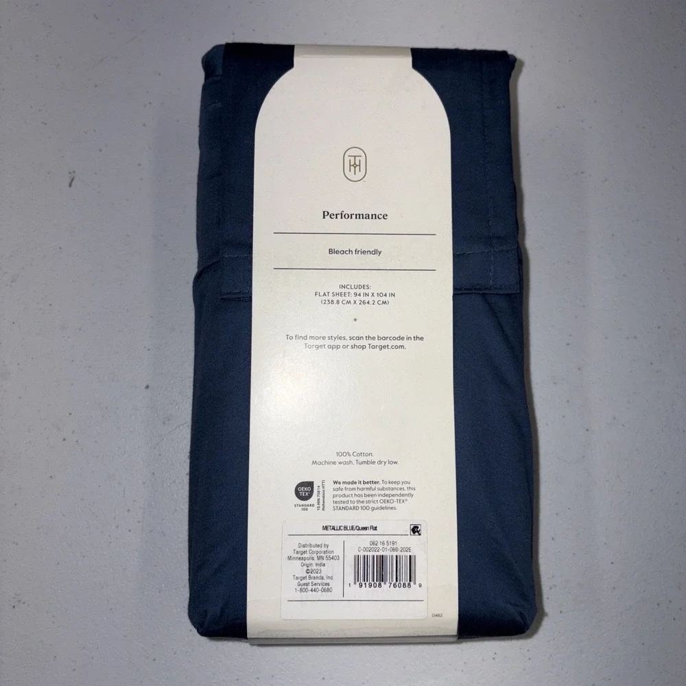 Threshold Performance 100% Cotton Sateen QUEEN Flat Sheet Blue 400 TC Smooth